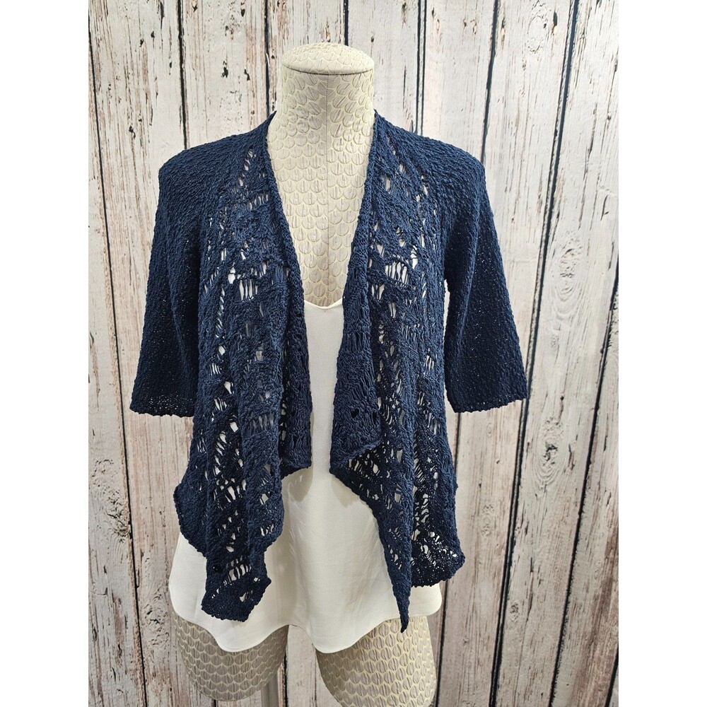D. Exterior Italy Open Weave Cropped Shrug Cardigan Dark Navy Blue Women's M EUC